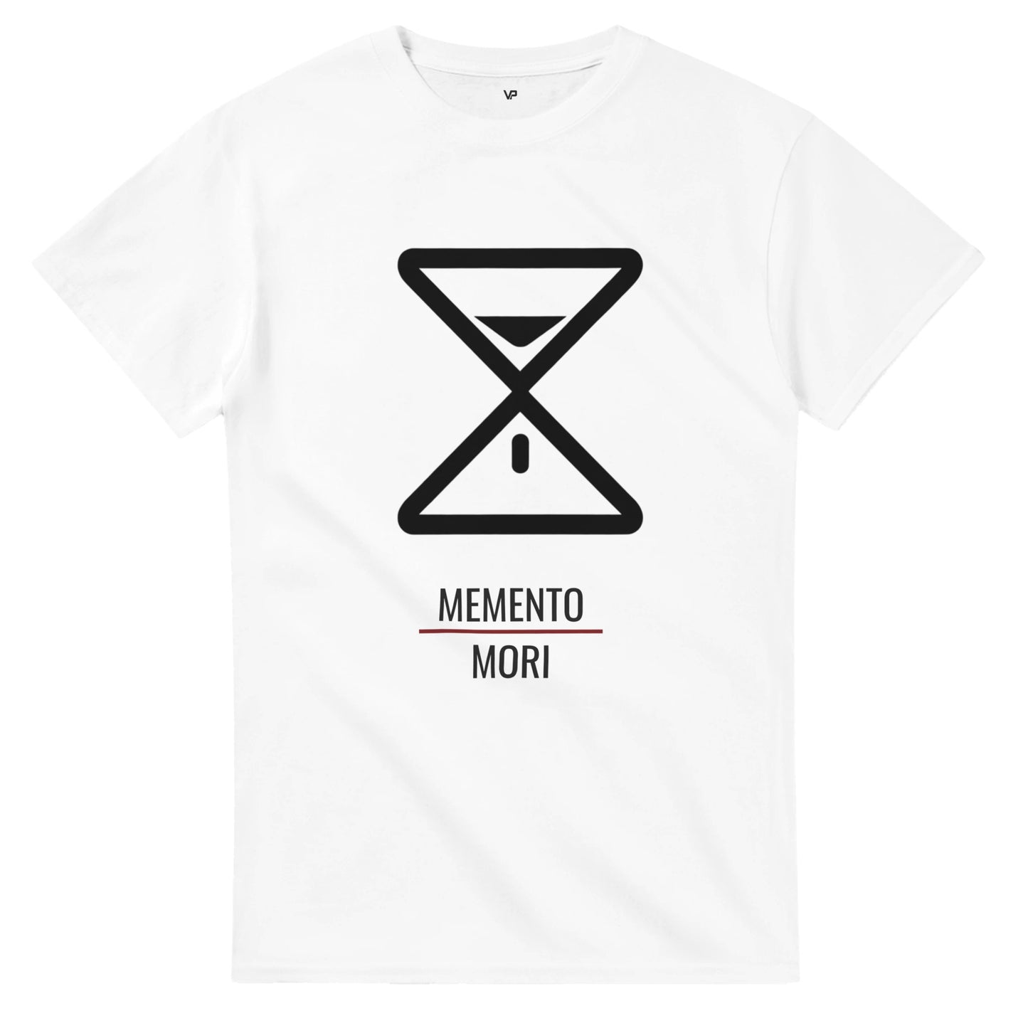 Weißes VIRTUS T-Shirt von VidaroPrints, bedruckt mit einer minimalistischen weißen Sanduhr als Memento Mori Symbol.